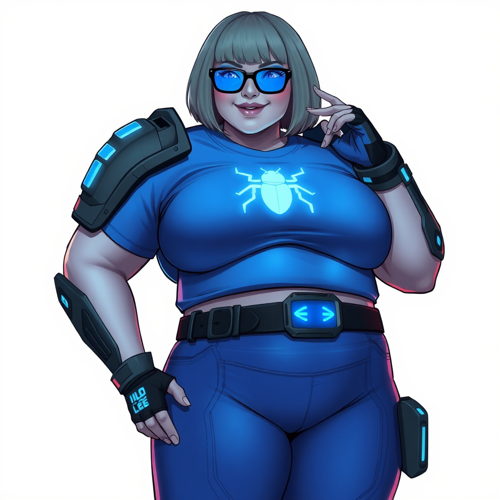 A 28-year-old, full-figured, metallic light neutral gray (N7) skinned computer program hybrid with a maximum blue bob cut. She has a non-athletic build, highlighted by a prominent, round, large midsection (with full emphasis on her large belly), which shows the effects of her love of junk food acquired from her boyfriend. As the full-figured, nerdy, digital sidekick to her cyberpunk vigilante boyfriend, her metallic light neutral gray skin and maximum blue lipstick (5PB 5/12) emphasize her digital nature. Her skin has a subtle, animated glow, with digital patterns occasionally flickering across it, making her digital nature obvious. She wears a digital, computerized costume, consisting of a huge, tight-fitting, maximum blue t-shirt (5PB 5/12) with a neon blue glowing chest icon of a beetle, hi-tech shoulder pads with neon blue accents, a black hi-tech belt with a digital neon blue glowing buckle, digital maximum blue biker pants (5PB 5/12) with neon blue accents, and black hi-tech fingerless biker gloves with neon blue glowing accents. Her neon blue glowing eyes, black eyeglasses with neon blue glowing lenses equipped with a built-in HUD, and bashful smile with neon red blush accentuate her nerdiness. She stands bashfully with one hand behind her back and the other hand gently touching her cheek, her costume covering all her skin and fully emphasizing her full-figured physique (especially her large belly). She is clearly non-athletic, with a full focus on her full-figured physique. Despite her build, she radiates beauty. She has a slim face compared to her physique, accentuating her radiant beauty. She is on a solid white background. She is drawn as if she were in a retro 2D cyberpunk fighting game.