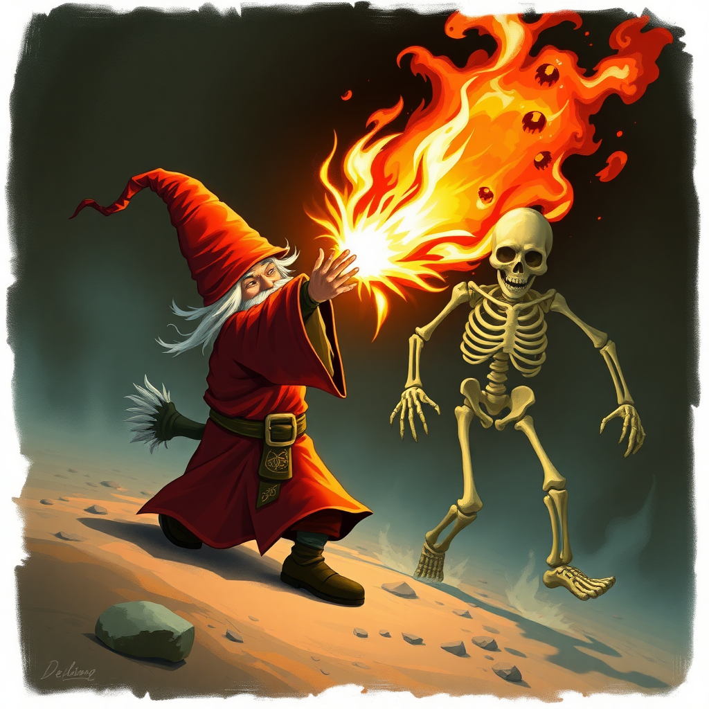 A gnome wizard with red robes casting a fireball at a skeleton that is running towards him.