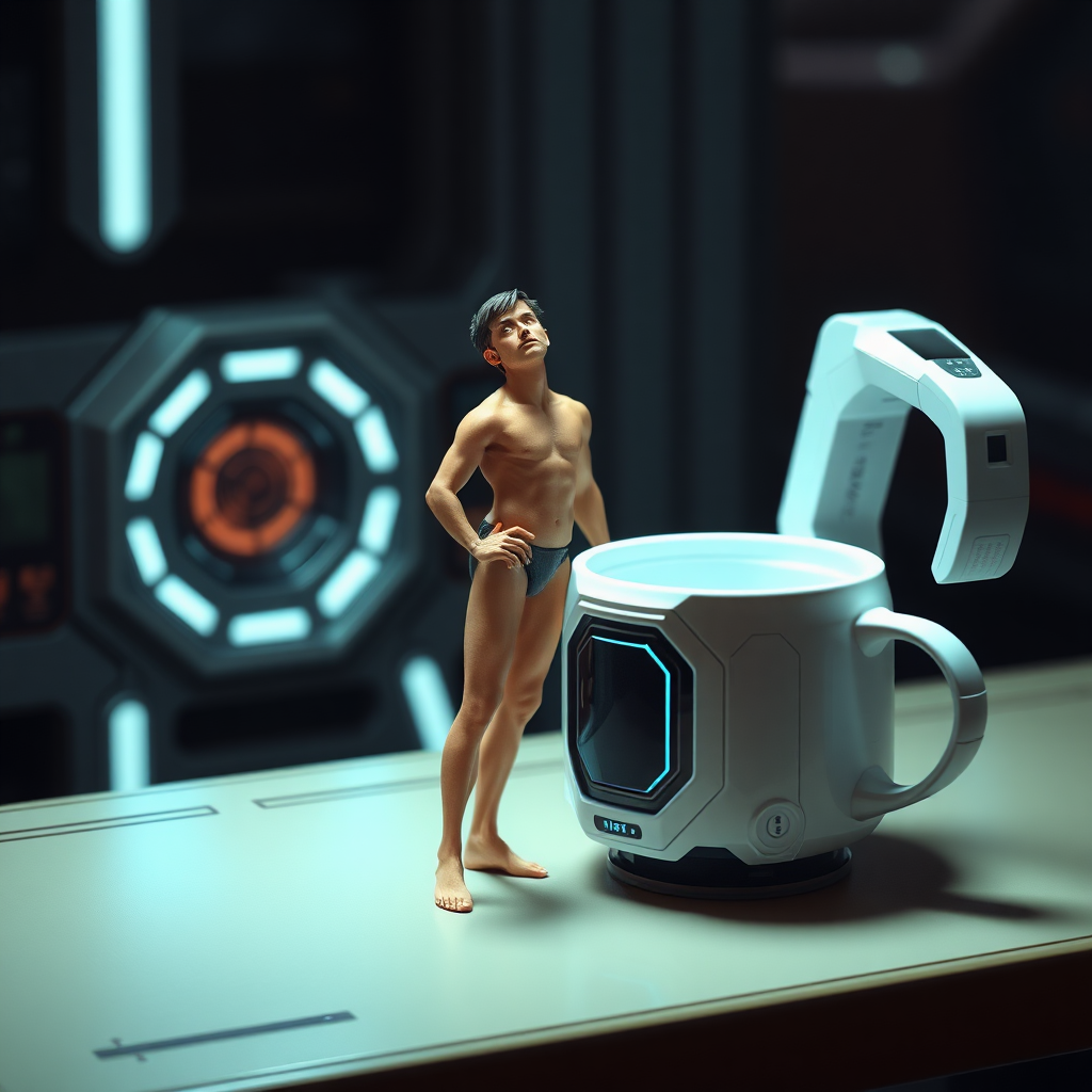 Sci-fi digital art. Tiny naked man standing on table near a futuristic mug that looks large compared to him. Looking up at the viewer with arrogance.