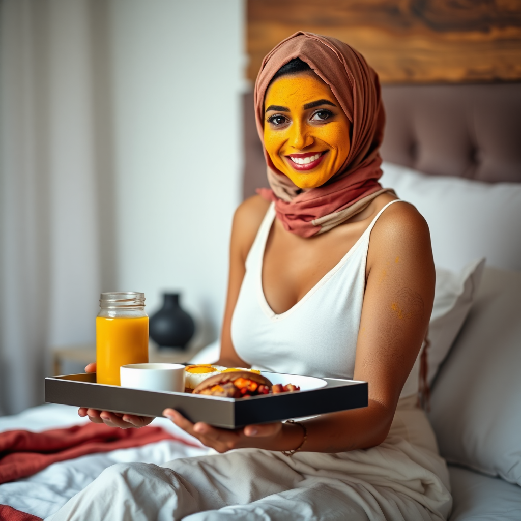 slim, 30 year old, sexy, indian wife, scarf head, turmeric face mask. She is smiling and serving breakfast on a tray on bedside table