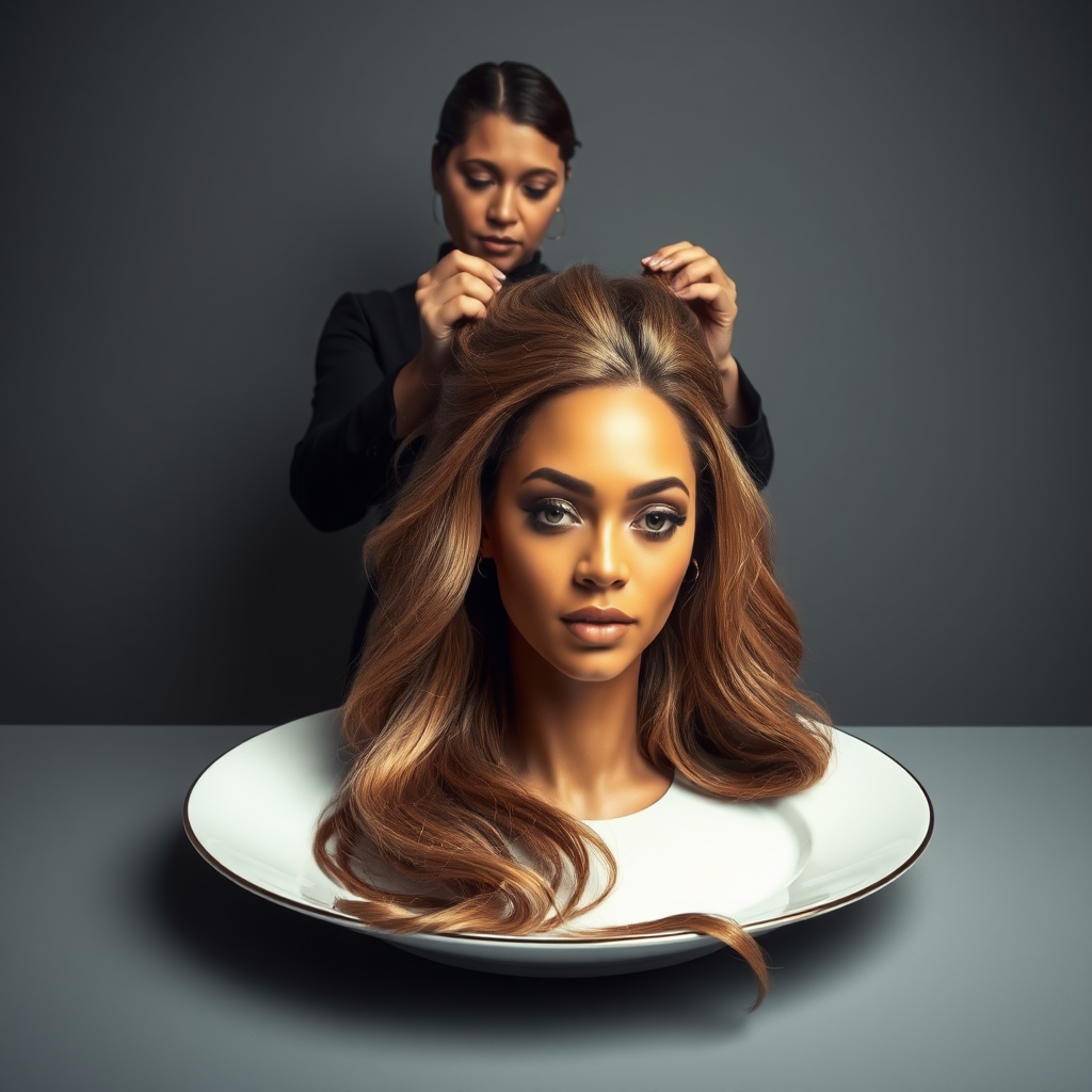 In a surreal and provocative scene, a beautifully tethered, disembodied head of Beyoncé rests gracefully on an elegant porcelain plate, her long, luxurious hair cascading like a waterfall of silky strands around the edges, creating a striking contrast against the stark, muted gray background. The sheen of her skin glows softly, exuding an air of ethereal beauty, while her chin rests directly on the plate, poised and serene. Behind her, a skilled hairdresser, clad in chic black attire, stands with a focused expression, gently teasing and arranging her magnificent hair with nimble fingers, creating intricate patterns that defy gravity. The atmosphere is oddly intimate yet surreal, blending an appreciation of beauty with an unsettling twist, as soft light casts subtle shadows, enhancing the textures of both hair and porcelain. The air is filled with a quiet stillness, broken only by the subtle sound of the hairdresser’s scissors snipping rhythmically and the faint fragrance of hair products mingling with the cool air, heightening the unusual but captivating atmosphere of the scene.