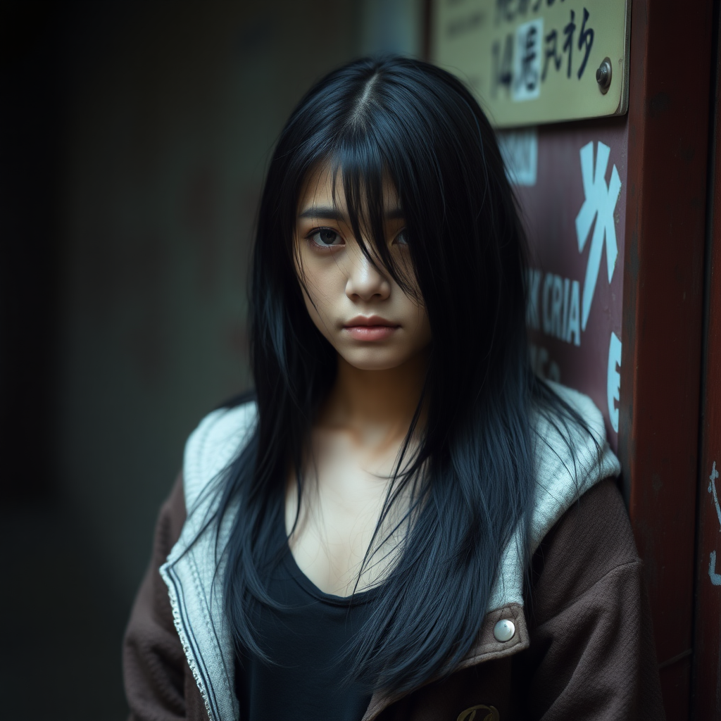 A young, very mysterious, sad and homeless Asian woman with long, jet-black hair and a very sad look is ashamed to look me in the eye.