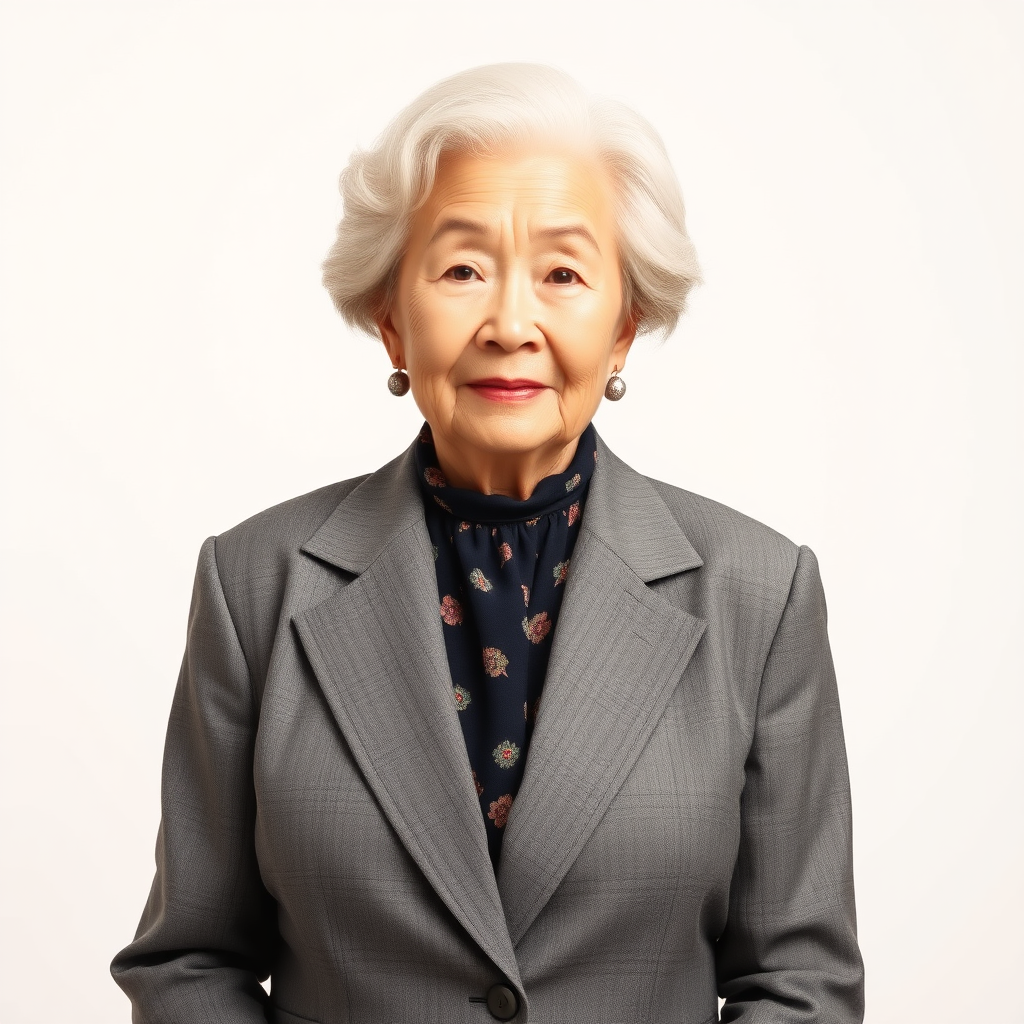 70 age old korean woman, front, woman suit, photo studio background