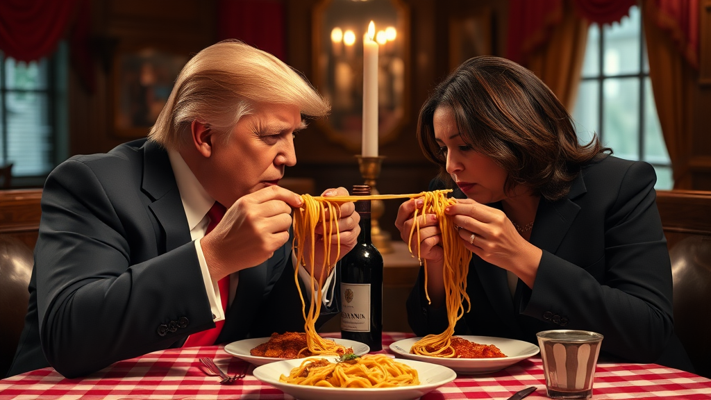 Photoreal style. ratio: 16:9. Donald Trump and Kamala Harris eating in an Italian restaurant a la the one in 'Lady and the Tramp.' Checkered tablecloth, Chianti bottle used as a candle holder. Both humans are eating spaghetti from one shared plate with their hands, and end up eating the same long piece of spaghetti, making their heads very close.