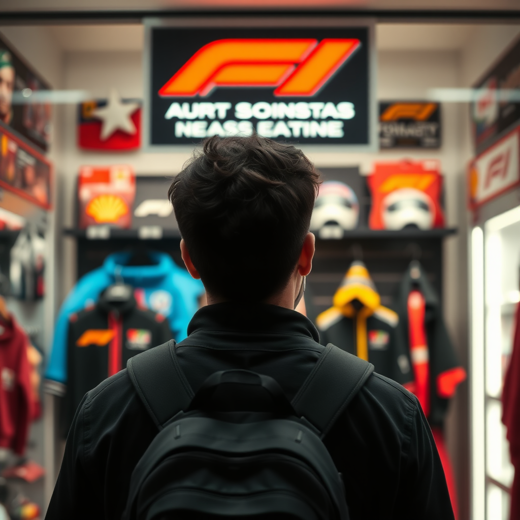 create an image of a person staring at a store that has F1 merchandise