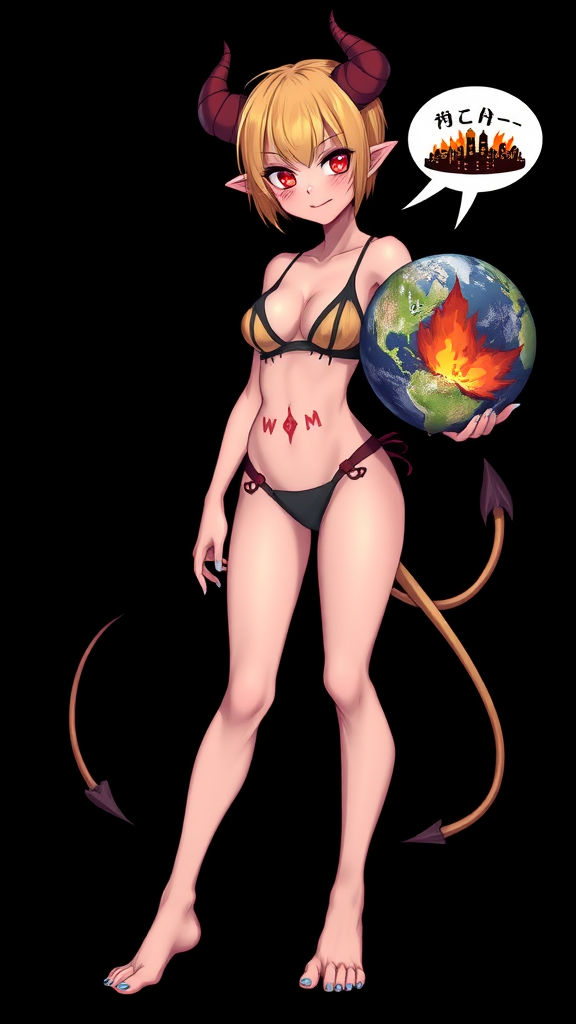 Anime, Black background, A mischievous tall-slender demon girl, short blond hair, wearing sexy-micro bikini-bra-like clothing, g-string, Womb tattoo on belly, mischievous smile, large breasts, full body, long legs, looking at viewer, speech bubble with a burning city, holding the earth.