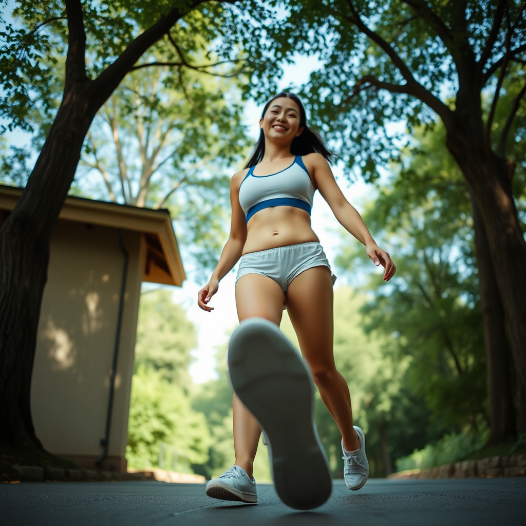 photo full body shot low angle view Hina Kikuchi wearing sports bra. She is walking and smiling. The image is shot from below. The sole of her foot is visible.