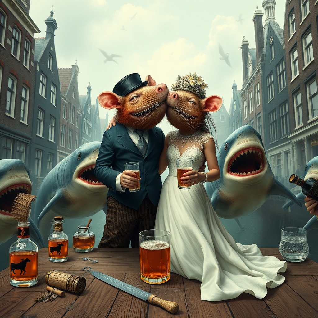 A rat wedding being attacked by hammerhead sharks, no text, Lovecraftian, in Amsterdam, steam punk, tacky, whiskey ad