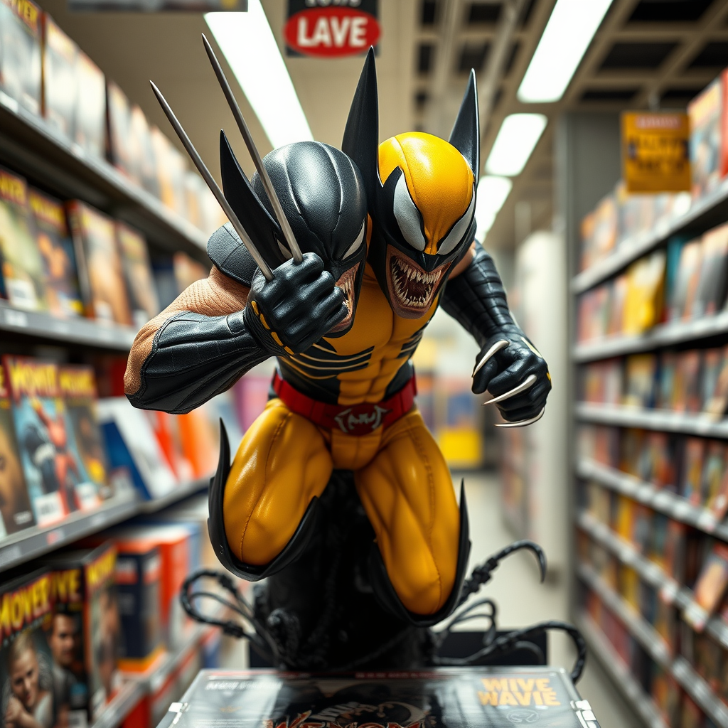 Jumping out of a Comic book cover on a store shelf is Wolverine and Venom. Wolverine has his claws impaled into Venom in Cinematic Real3D photo-realistic quality.