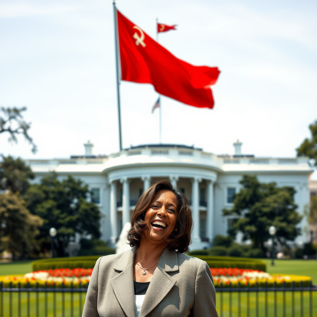 Kamala Harris laughing, on background the White House with Soviet red flag floating on top of the flagpole on top of the White House,