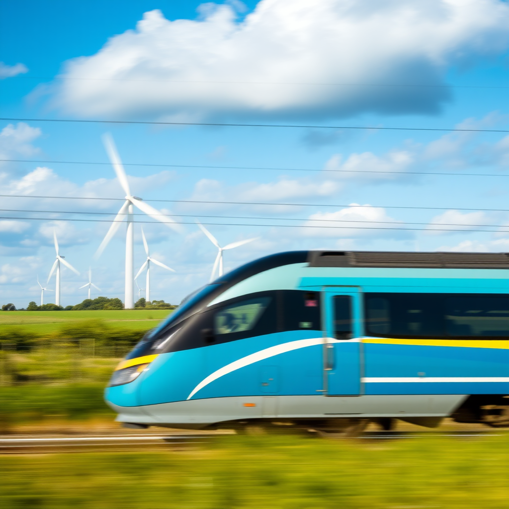 a high speed train similar to the TGV or bullet train moving at high speed through the english countryside - there are wind turbine visible in the distance