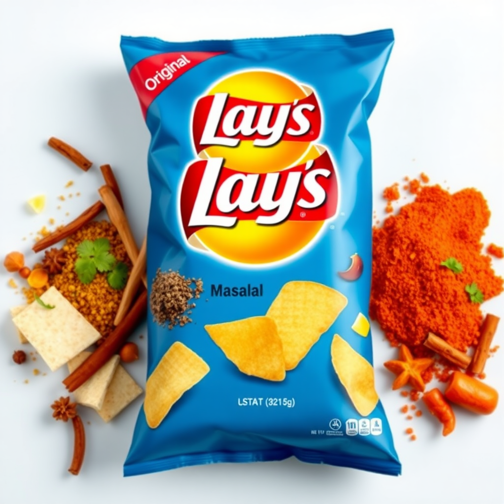 Indian blue lays redesign it with blue base having the spices of India and showcasing them proudly by Indians having original logo and text in English. Show potato and potato chips with the masala. Make the spices more realistic.