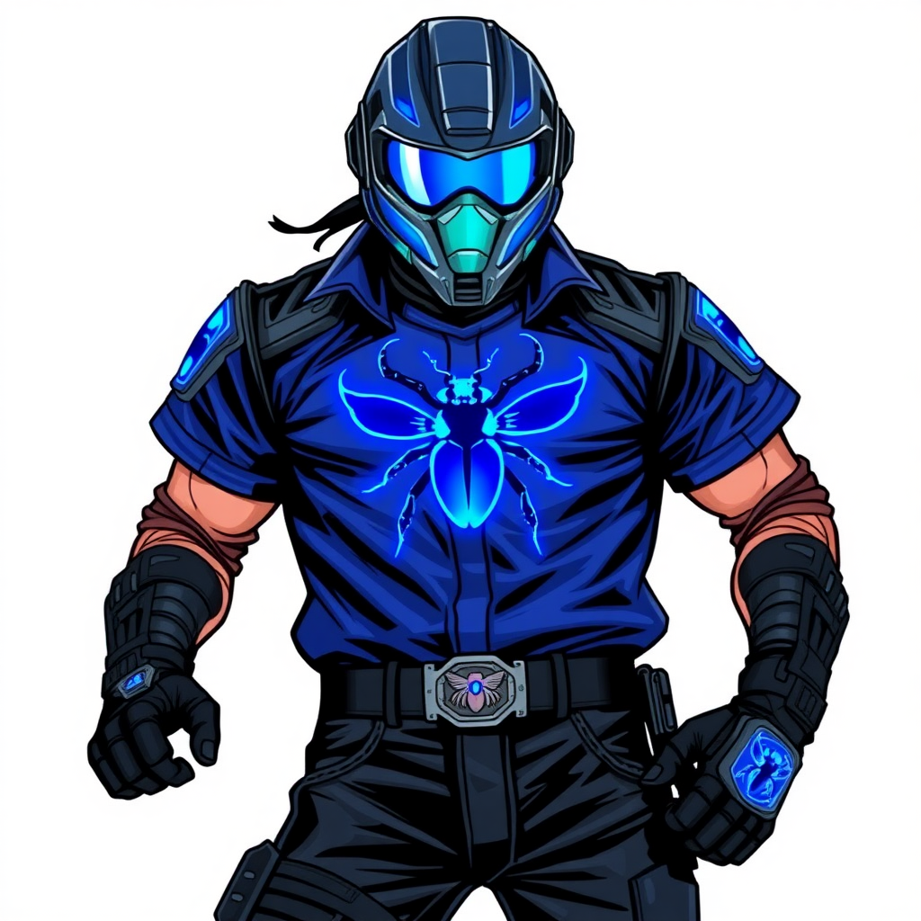 A 28-year-old hi-tech cyberpunk vigilante stands heroically, clad in hi-tech, maximum blue leather shirt featuring a neon blue beetle on the chest. He wears black biker pants, a black belt with a sapphire beetle buckle, and a helmet resembling a sleek, tactical design, but colored maximum blue with neon blue glowing lenses. Their hands are protected by black hi-tech gloves, all set against a solid white background. He is drawn as if he was in a retro 2D cyberpunk fighting game.