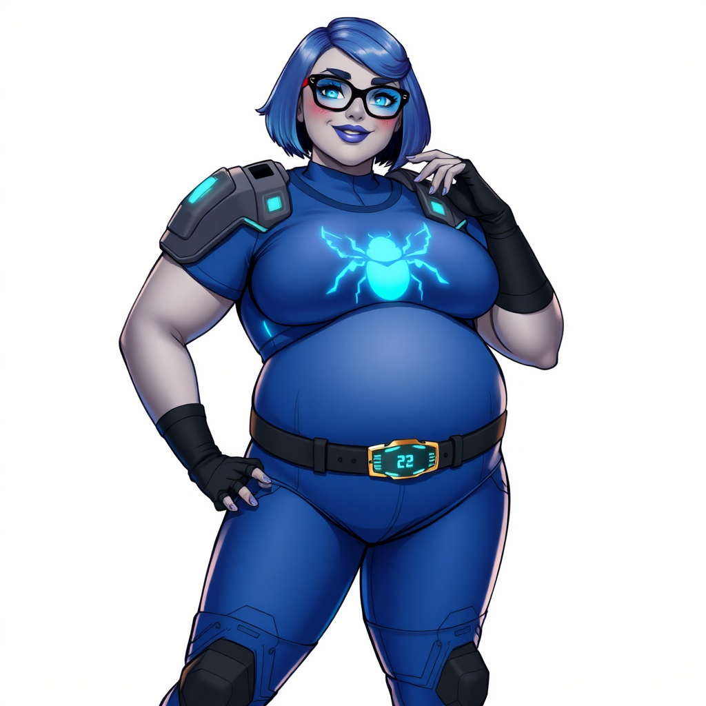 A 28-year-old, full-figured, middle gray skinned computer program hybrid with a maximum blue bob cut. She has a non-athletic build, highlighted by a prominent, round, large midsection (with heavy emphasis on her large belly). As the full-figured digital sidekick to her cyberpunk vigilante boyfriend, her middle gray metallic skin and maximum blue lipstick emphasize her digital nature. She wears a digital, computerized costume inspired by DC’s Carrie Kelly Robin, consisting of a huge, tight-fitting, maximum blue t-shirt with a neon blue glowing chest icon of a beetle, hi-tech shoulder pads with neon blue accents, a black hi-tech belt with a digital neon blue glowing buckle, digital maximum blue pants with neon blue accents, and black hi-tech fingerless biker gloves with neon blue glowing accents. Her bright blue eyes, black eyeglasses with a neon blue glowing lenses with built-in HUD, and shy smile with neon red blush accentuate her nerdiness. She stands bashfully with one hand behind her back and the other hand gently touching her cheek, her costume covering all her skin and emphasizing her full-figured physique (especially her belly). She is clearly non-athletic, with a heavy focus on her large belly. Despite her build, she radiates beauty. She has a slim face compared to her physique, accentuating her radiant beauty. She is on a solid white background. She is drawn as if she were in a retro 2D cyberpunk fighting game.