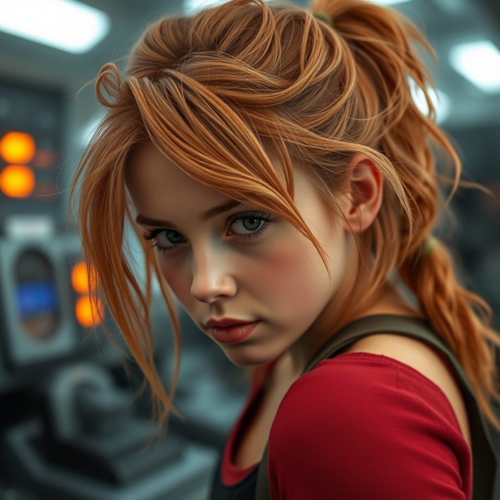 A girl resembling Ana de Armas, messy strawberry blonde hair, athletic, bent over, science fiction setting.