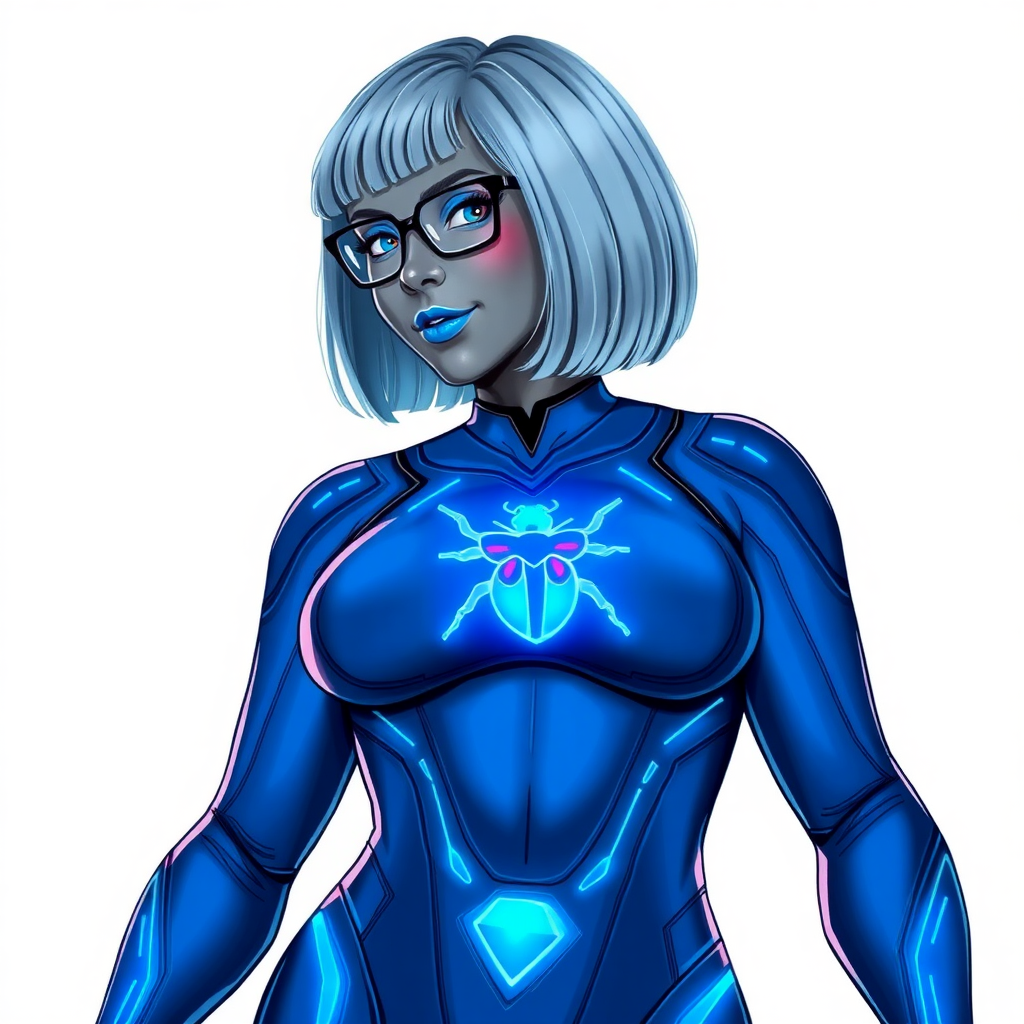 A 28-year-old, full-figured, middle gray metal skinned computer program-human hybrid with a maximum blue bob cut. She is the digital sidekick, computer hacker, and nerdy girlfriend of her cyberpunk vigilante boyfriend. Her middle gray metallic skin, distinct from any other character, highlights her digital nature. She wears maximum blue lipstick and has bright blue eyes. Her outfit includes a maximum blue full bodysuit with neon blue glowing beetle-themed accents completed by a neon blue glowing chest icon of a beetle. Black eyeglasses accentuate her nerdiness, and she has a lovestruck smile with neon red blush. Her full figure, including a prominent, gargantuan, round midsection (with the full emphasis on her gargantuan belly), gigantic limbs, and broad shoulders, reflects the doting care of her vigilante boyfriend. The background is solid white. She is drawn as if she was in a retro 2D cyberpunk fighting game. Ensure her bodysuit covers all her bare skin (especially her round gargantuan belly). Her bodysuit is influenced by DC's superheroine Jennifer Knight Phantom Lady but remains distinct.