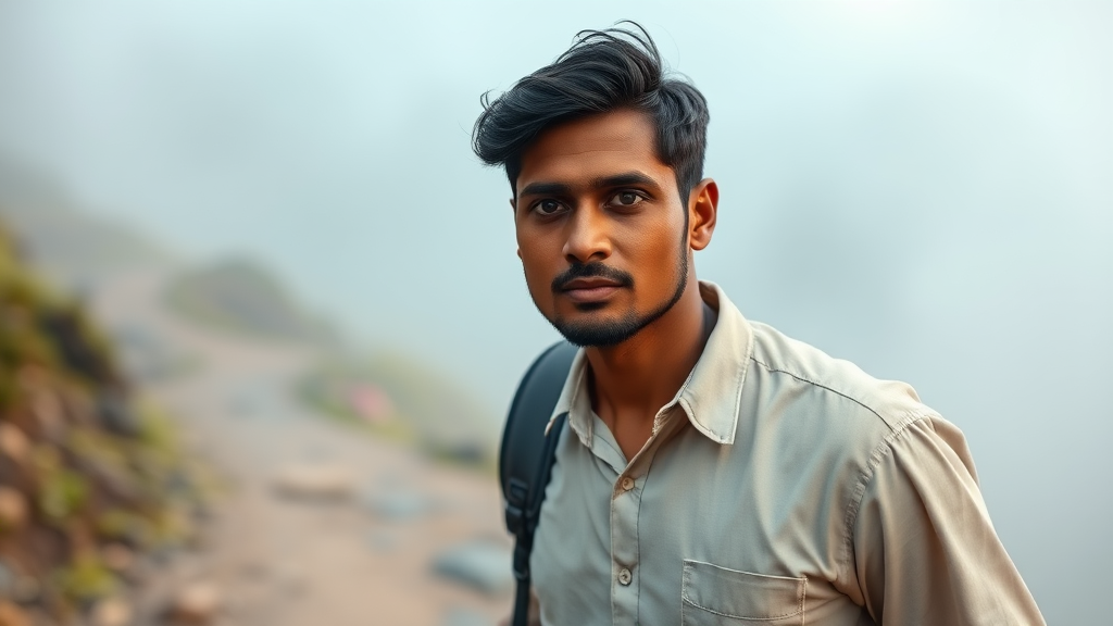 A 25-year-old Kerala man, wearing a light shirt and dark pants, walks alone on a misty mountain path. His medium brown skin glows softly in the early morning light, and his short black hair moves gently with the breeze. He has a calm, introspective expression, carrying a backpack over one shoulder. The camera captures his steady walk, focusing on his facial features and contemplative demeanor.