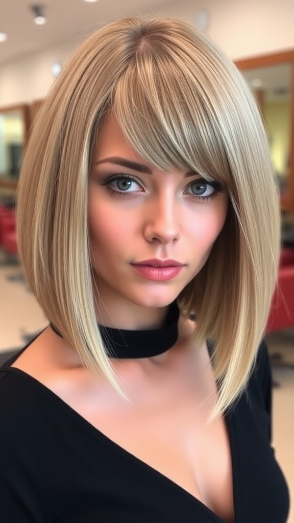 Beautiful model with a bob haircut and straight bangs in ash blonde color, in high definition, in the background, hair salon.