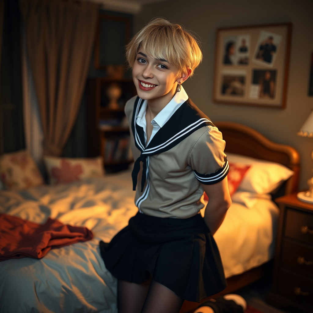 photorealistic, ultra high resolution, 16K, surreal fantasy, soft studio lighting, a pretty 16 year old goth male, slim male physique, short blonde hair, goth makeup, earrings, sheer black pantyhose, UK girls-school uniform, Mary-Jane shoes, in the bedroom - , excited smile, facing the camera.