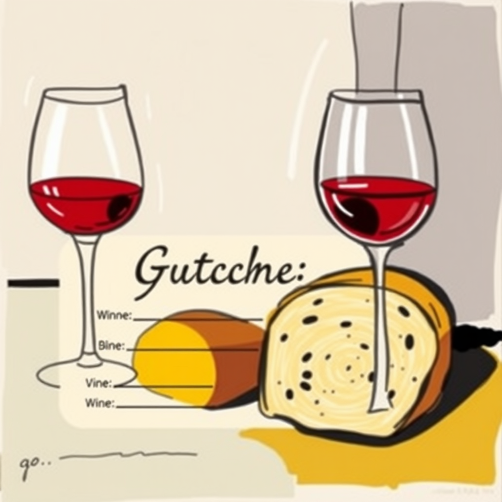 Create a voucher for wine and bread in the manner of Picasso. The word 'Gutschein' should be displayed in German at the top center.