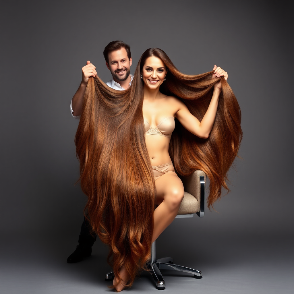 In a beautifully lit photo studio, adorned with soft diffused lighting that creates a warm, inviting atmosphere, Kate Middleton sits gracefully in an elegant salon chair with her hands in her lap, showcasing her luxurious, flowing locks that cascade down like a shimmering waterfall of chestnut and gold. A hairstylist stands behind her and smiles at the camera as he holds up Kate's long magnificent hair, gently spreading it, allowing it to fan out in a majestic display that captures the eye. Kate's nude lingerie blends in with her skin, offering an air of eroticism and allure. The plain gray background serves to highlight her striking figure and the dazzling sheen of her hair.