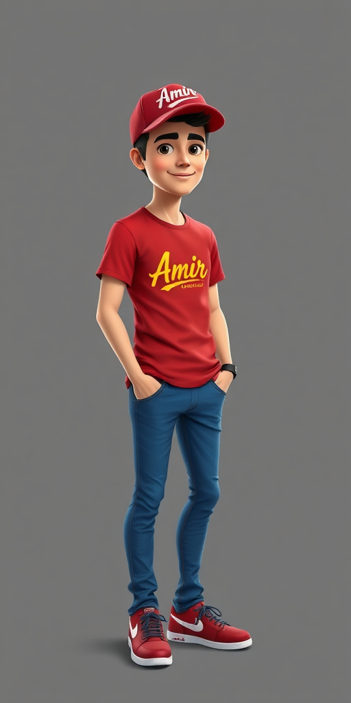 a young man, 20 years old, black hair, red cap that wrote "Amir" on it by white, red t-shirt that wrote "Amir created by Mehrdad" by yellow, blue jean, 3d comic animation, full body, sport red shoes