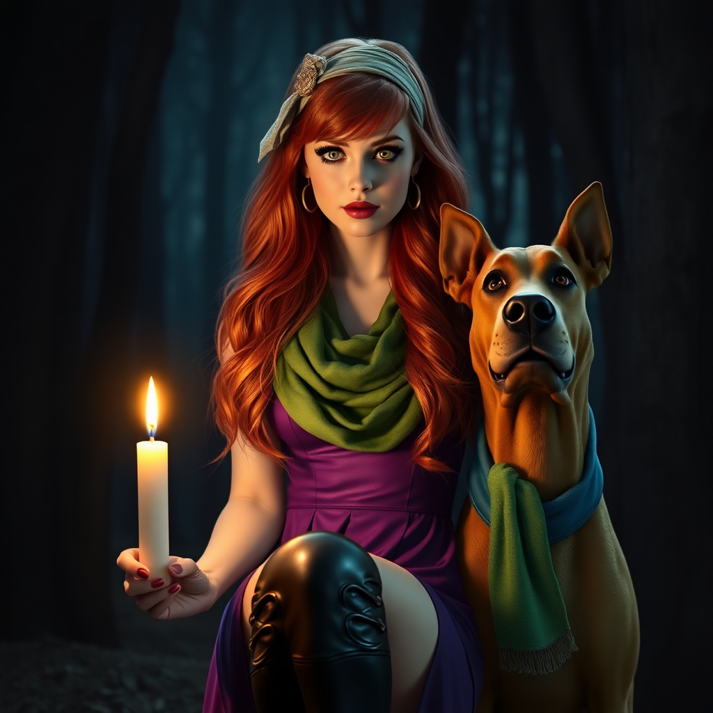 masterpiece, full body Daphne Blake, looks like Sarah Michelle Gellar, hyper realistic, realistic face, detailed face, wears headband and purple dress and green scarf, high boots, long red hair, is holding a lit up candle in the dark, next to a realistic dog that looks like Scooby Doo. She is in a very dark creepy forest, halloween atmosphere. Marvelous, awesome, beautiful. Perfect hands, high detailed face, detailed skin, perfect eyes, eyeliner, large lashes, 60s look style, sexy, spicy look, scooby doo, front view, glitter