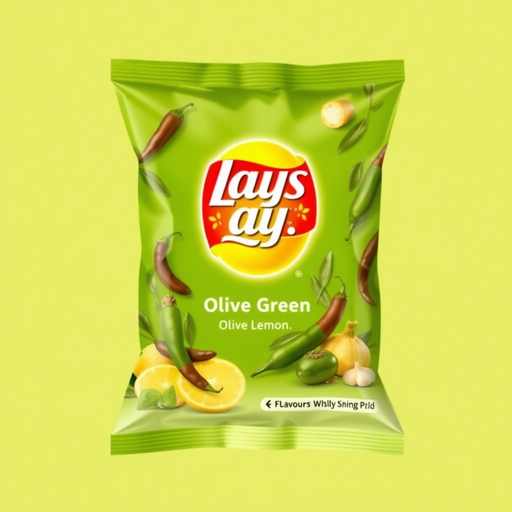 a lays packet of flavour chille lemon with olive green having dried chilles lemon garlic on the packet. logo in the middle  