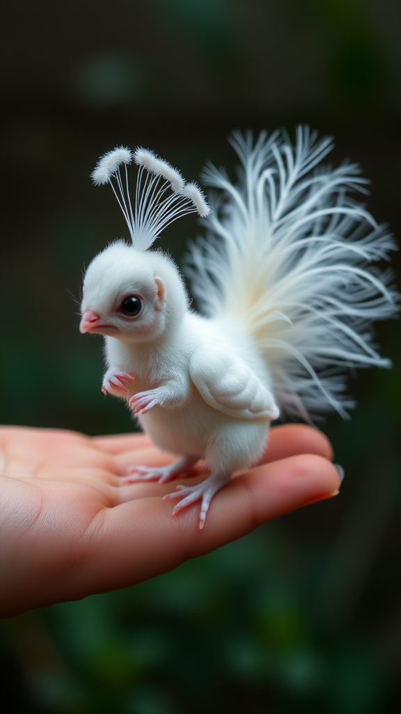 A small tiny cute chubby big eyes big perfect tail real white dancing peacock with tail on hand