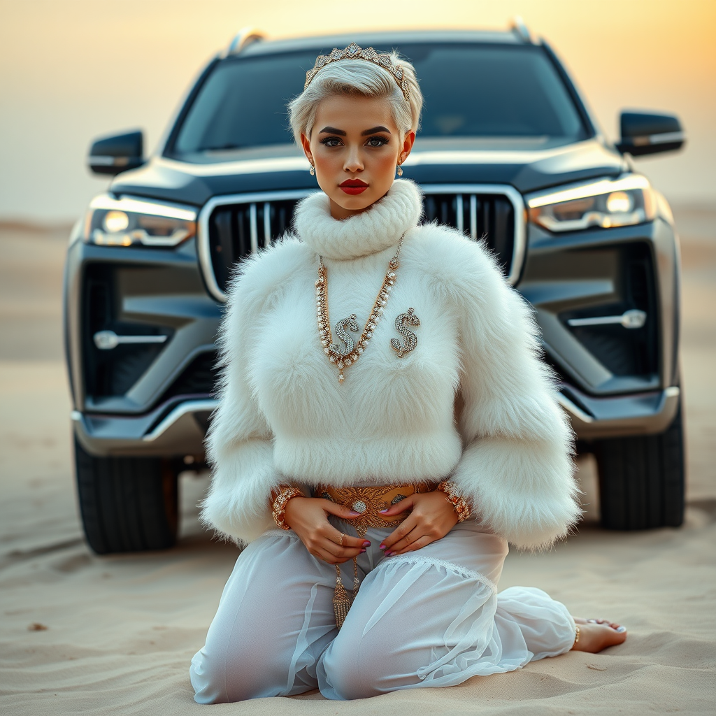 Kuwait desert dunes misty dawn, full size luxury SUV: Melissa, European 17 years old very convincing femboy “trophy-bimbo”, tamed servile docile, very beautiful feminine flawless face, rather short, by hormones very curvaceous womanly figured, platinum blond short tight curls, bold red lips, heavily made-up face, wearing Supertanya-style fluffy very fuzzy bright white angora turtleneck-poncho cropped ending under bust decorated with pearls and gemstones, striking oriental wide gold bridal protection belt, white fully transparent harem pants, full Oriental bridal jewelry including headpiece, Battoulah face veil, coin anklets, striking diamond “$$$” letter brooch on left chest, pout frustrated, hands tied behind back, kneeling in sand in front of SUV, looking at camera. Focus on face and turtleneck-poncho.