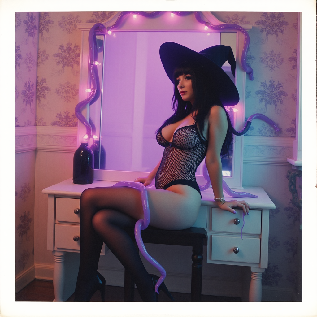 Scan of an nsfw old polaroid photograph with visible wear and heavy vignetting and blue color tint and light leaks, depicting a sexy pale curvy alt goth girl with black hair wearing skimpy fishnet black bodysuit and gstring revealing her nipples and wearing black stockings and high heels, sitting on a builtin vanity with mirror in old house with wallpaper on walls with her knees spread apart. Camera flash used. Dark lighting. Moody and hazy. Grunge look. Erotic. Nude. Pink Christmas Lights on wall. She is wearing a witch hat and is being restrained by giant glowing translucent slimy jello like purple vines dripping goo coming from inside glowing purple portal in the mirror, wrapping tightly around her arms and legs and torso. The vines are pulling her back towards the mirror.