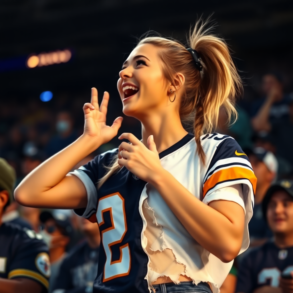 Extremely hot female NFL fan, pigtail hair, partially torn jersey, cheering, inside the crowd