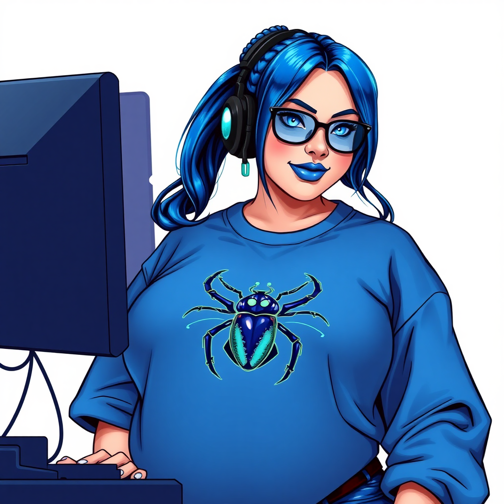 A cyberpunk vigilante’s full-figured intelligent and tech-savvy 28-year-old girlfriend, who is a computer hacker and tech genius. She has a long maximum blue ponytail. She wears maximum blue lipstick, bright blue eyes, a sapphire beetle gemstone necklace, sapphire earrings, black eyeglasses, and an oversized maximum blue t-shirt featuring a blue sapphire gemstone crusted scarab beetle chest icon. She has a full-figured physique with a prominent, massive, round belly, reflecting her well-cared-for lifestyle. She sports a sapphire headset with a hi-tech maximum turquoise lensed HUD, and a shy smile with a neon red blush. She serves as his tech expert from his hideout, diligently working at her workbench and computer desk. The background is solid white. She is drawn as if she was in a retro 2D cyberpunk fighting game. Ensure her maximum blue t-shirt covers her belly.