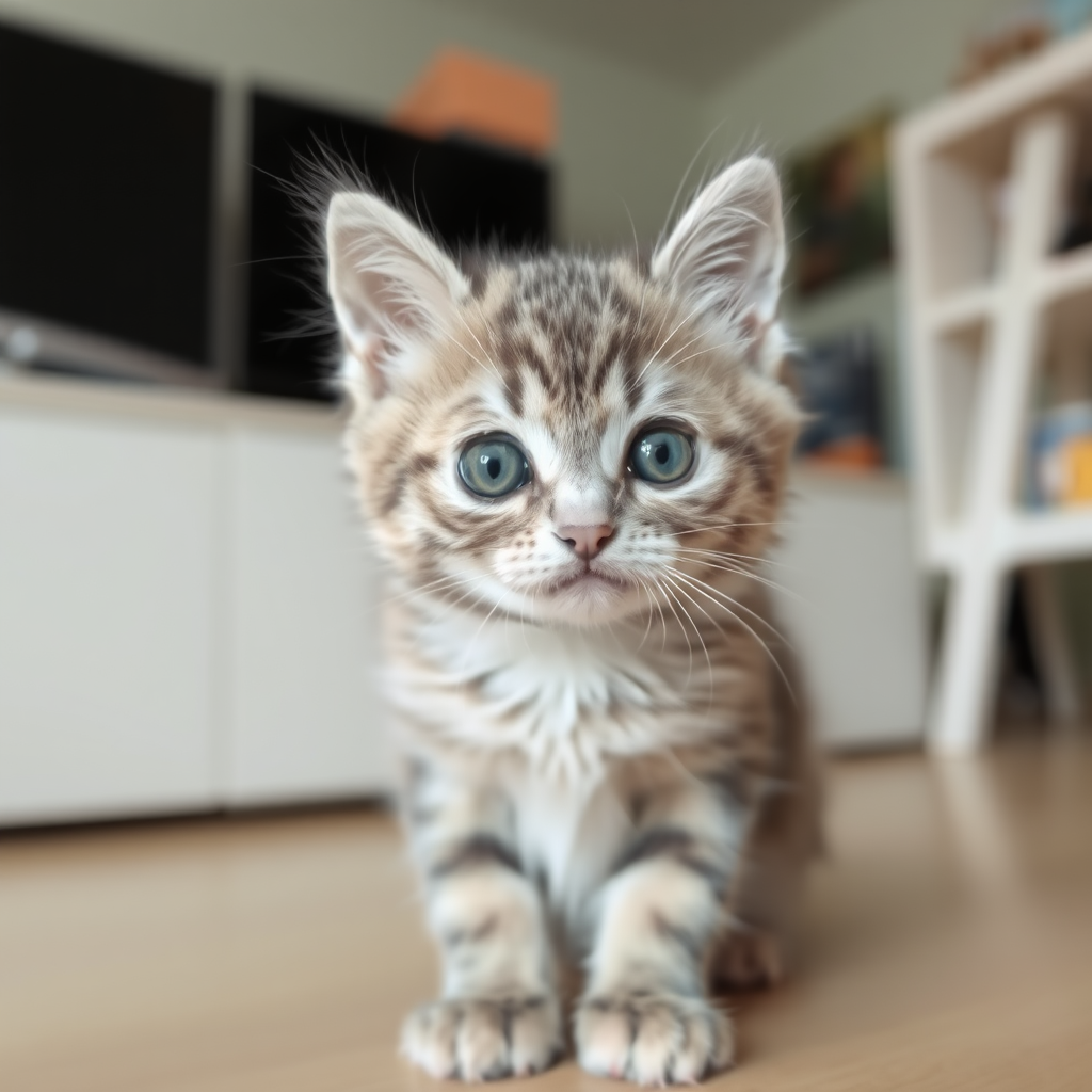 In the room, there is a grayish-white kitten, cute and chubby, with large pupils.