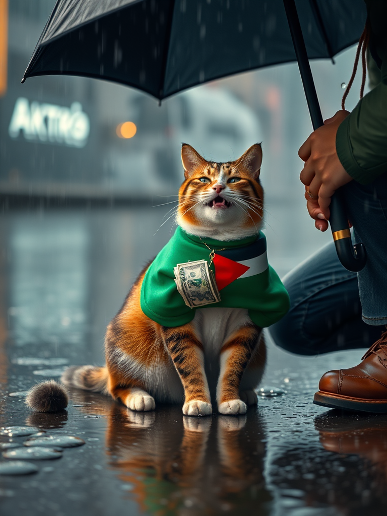 Create a realistic 4K image of a cat wearing a shirt featuring the Palestinian flag, sitting in heavy rain. A kind person is kneeling down, offering a handful of money to the cat. The cat's expression is one of pure joy and excitement as it receives the money. The background should still depict the pouring rain, with puddles forming on the ground and raindrops falling all around. Include details like the person’s umbrella and the warmth of their gesture contrasting with the gloomy weather, emphasizing a moment of kindness and happiness amidst the rain.