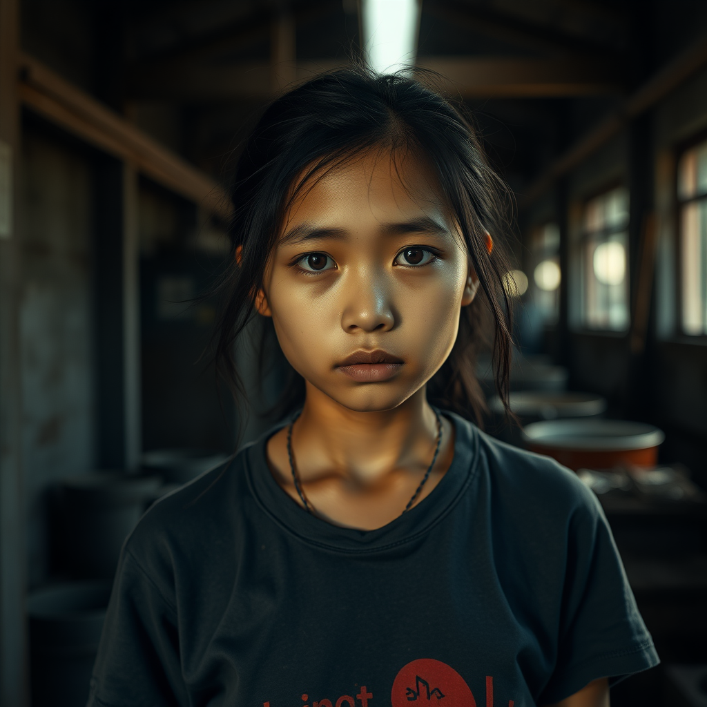 A very sad and hungry Thai Teengirl with a very old T-Shirt in a very dark old and mystery Factory