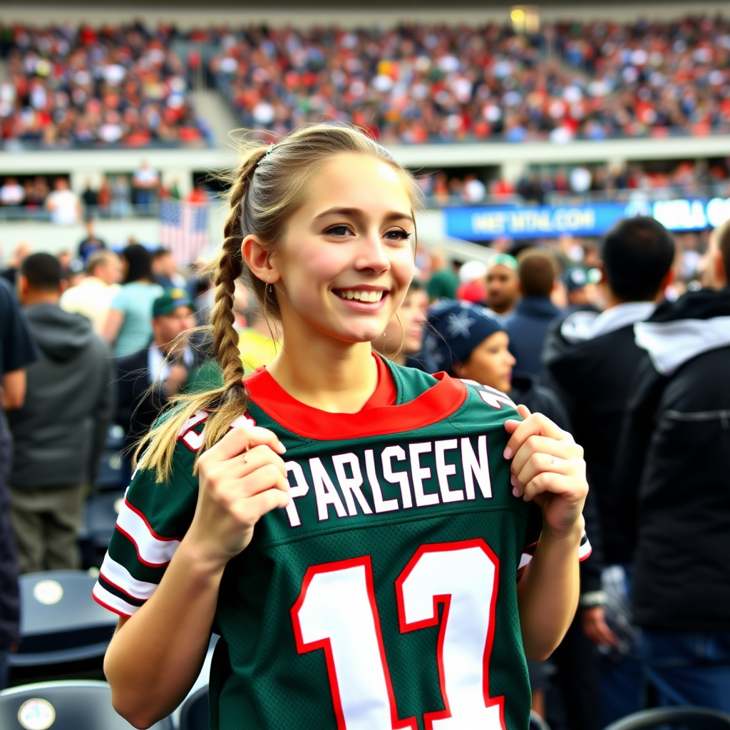 Attractive female NFL fan, pigtail hair, enthusiastic, at crowded bleacher row, holding a spare jersey, asking for an autograph on the jersey, NFL stadium