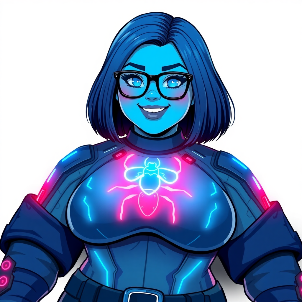 A 28-year-old full figured, computer science major, now transformed into a full figured, nerdy digital sidekick for her cyberpunk vigilante boyfriend, with maximum blue skin. She is clearly non-athletic, with her full figure. Her bob cut seamlessly blends with her skin, appearing to merge together as computer data, and her neon blue eyes glow intensely. Her full figure is defined by a prominently, round, gargantuan midsection, sequoia-sized limbs, and broad shoulders. As a loyal and supportive sidekick, she plays a crucial role in their missions, using her digital skills to assist and protect.

She wears a digital, computerized maximum blue bodysuit which blends with her hair and skin (appearing to merge together like computer data), all are colored maximum blue. The bodysuit has a neon blue chest icon of a beetle, along with matching high-tech gloves. She bashfully giggles with a neon red blush, emitting neon blue data cubes from her body, set against a solid white background. Heavily pampered by her doting boyfriend, her full figure (especially her prominent, round, gargantuan midsection) clearly shows this care. She has the ability to hack into computers and machines, and her nerdiness is blatantly obvious with her black oversized eyeglasses. Her full figure (especially her prominent round gargantuan midsection) is prominently displayed and heavily emphasized. Her outfit is influenced by DC’s Jennifer Knight Phantom Lady but remains distinct. She is drawn as if she was in a retro 2D cyberpunk fighting game. Ensure her skin color is distinct from Inside Out's Sadness and any other character. Ensure she doesn't resemble The Power of Surge's Debra or any other character. Ensure her midsection is round. Her proportions are bloated to emphasize her non-athletic, full figure. She is clearly non-athletic, with heavy emphasis on her full figure and prominent, round, gargantuan midsection.