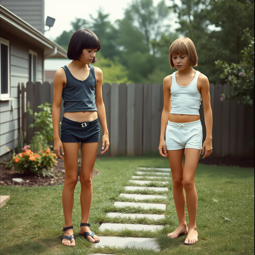 two tall 14yo teen boys, long hair bob cut, wearing crop tank top and very tight dolphin shorts, long legs, narrow thighs, full-length front view. 1970s. Playing at backyard. photorealistic, ultra high resolution, 16K, Negative: grainy, blurry, bad anatomy, extra limbs, watermark.