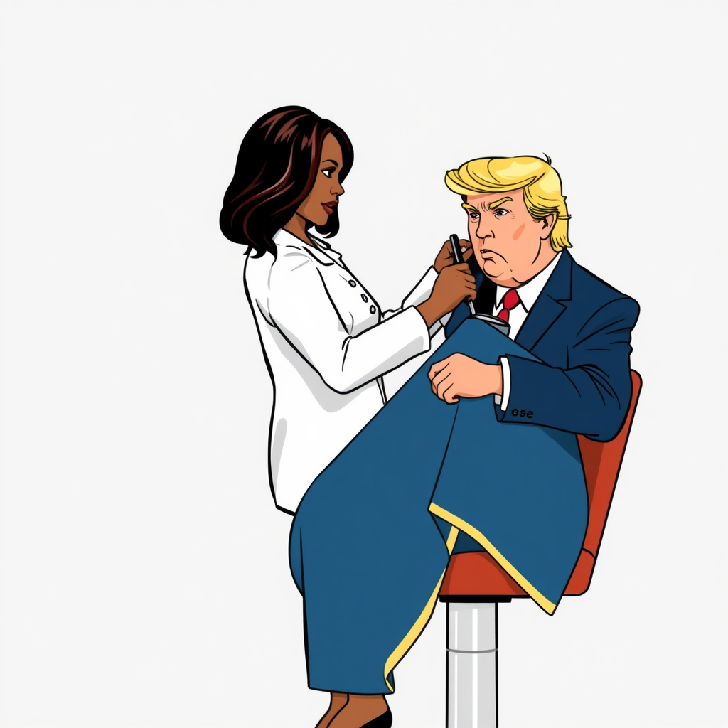 Kamala Harris sitting in a barbershop while Donald Trump cuts her long hair. Plain gray background.