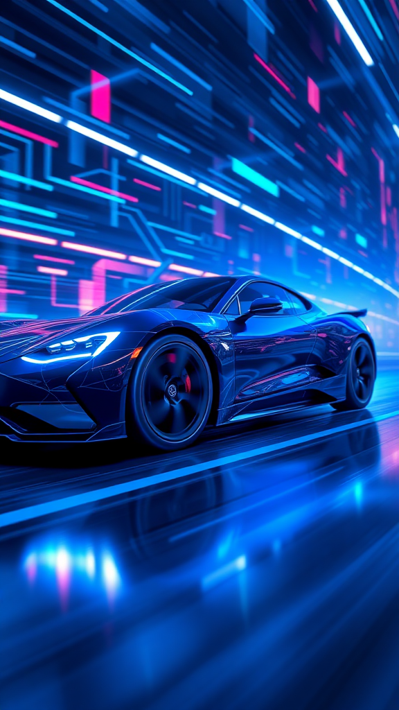 Make a realistic 3D rendering of an electric car racing in cyberspace. Make the background cyber-like and the "electric sparks" look luxurious. Make the overall color dark blue and draw it with a neon sign feel.