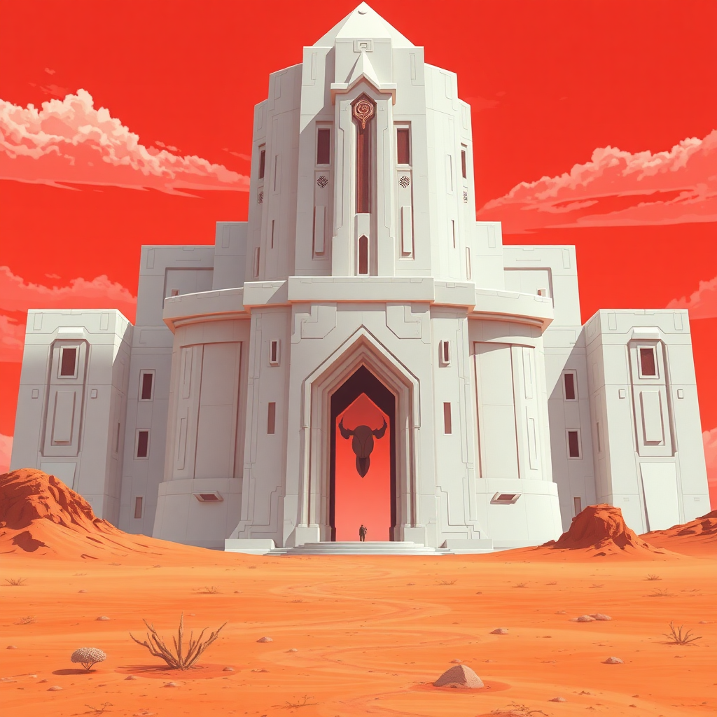 Anime, Desert-red background, a technological-ziggurat large white-re-temple, the entrance is shaped to like a female reproductive system and a vagina