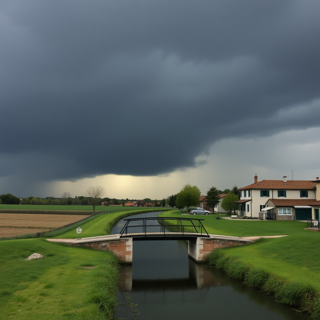 very overcast black sky, threatening rain, in the Venetian countryside, with a small bridge on 2 pillars over the canal.