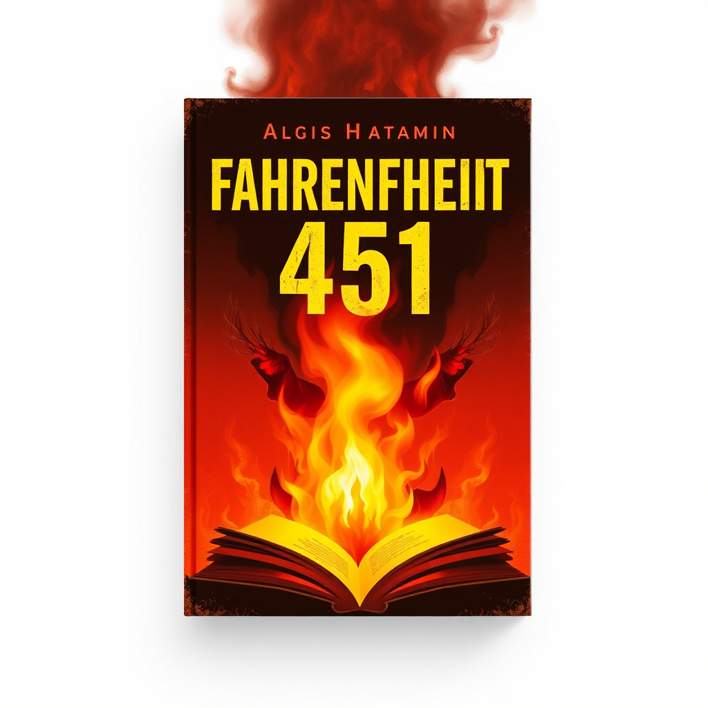 Design a book cover for Fahrenheit 451. Include an image of a book burning. Concepts are repression of freedom, totalitarianism, loss of knowledge.