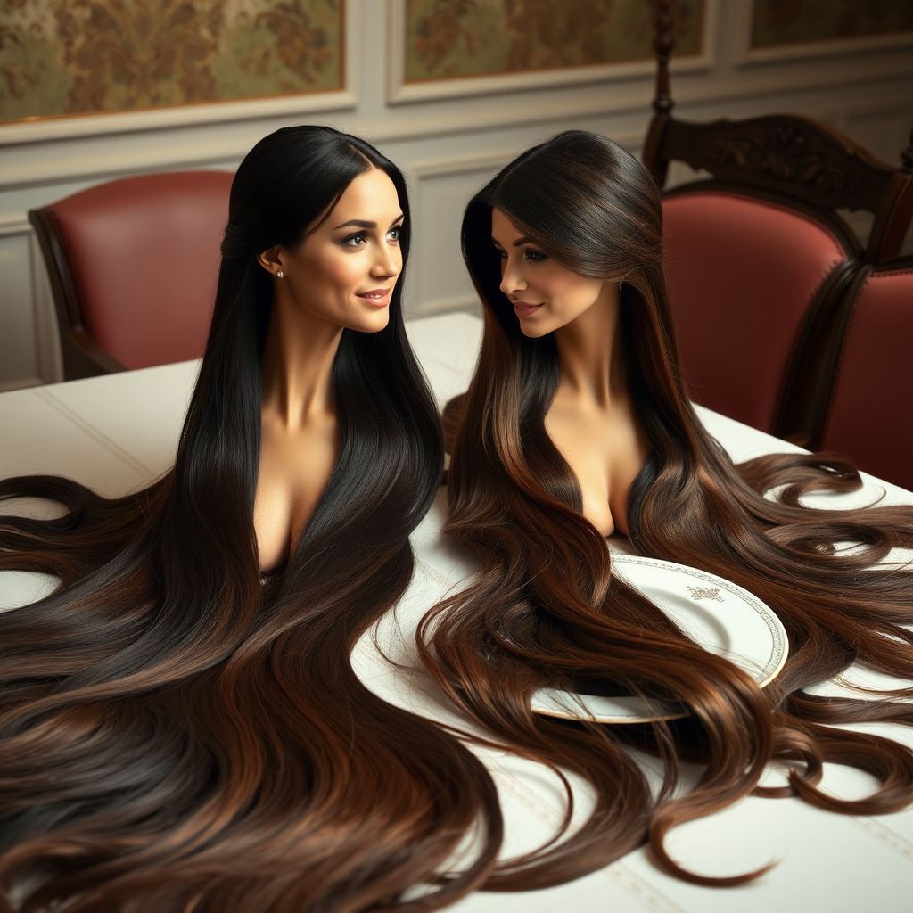 Surreal image of the disembodied heads of very long haired Meghan Markle and Kate Middleton served on plates. Their beautiful hair spread out all over the table.