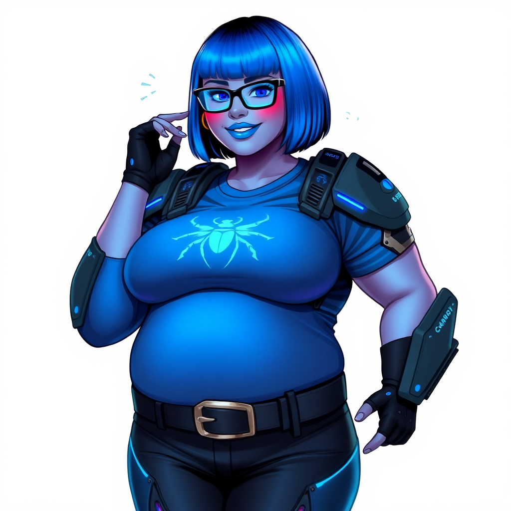 A 28-year-old, full-figured, metallic maximum blue (5PB 5/10) skinned computer program hybrid with a maximum blue bob cut. She has a non-athletic build, highlighted by a prominent, round, large midsection (with emphasis on her belly), which shows the effects of her new love of junk food acquired from her boyfriend. As the full-figured, nerdy, digital sidekick to her cyberpunk vigilante boyfriend, her metallic maximum blue skin and maximum blue lipstick (5PB 5/12) emphasize her digital nature. Her skin has a subtle, animated glow, with digital patterns occasionally flickering across it, making her digital nature obvious. She wears a digital, computerized costume, consisting of a huge, tight-fitting, maximum blue t-shirt (5PB 5/12) made out of advanced nanotech with a neon blue glowing chest icon of a beetle, hi-tech shoulder pads with neon blue accents, a black hi-tech belt with a digital neon blue glowing buckle, digital maximum blue biker pants (5PB 5/12) with neon blue accents, and black hi-tech fingerless biker gloves with neon blue glowing accents. Her neon blue glowing eyes, black eyeglasses with neon blue glowing lenses equipped with a built-in HUD, and bashful smile with neon red blush accentuate her nerdiness. She stands bashfully with one hand behind her back and the other hand gently touching her cheek, her costume covering all her skin and emphasizing her full-figured physique (especially her belly). She is clearly non-athletic, with a focus on her full-figured physique. Despite her build, she radiates beauty. She has a slim face compared to her physique, accentuating her radiant beauty. She is on a solid white background. She is drawn as if she were in a retro 2D cyberpunk fighting game.