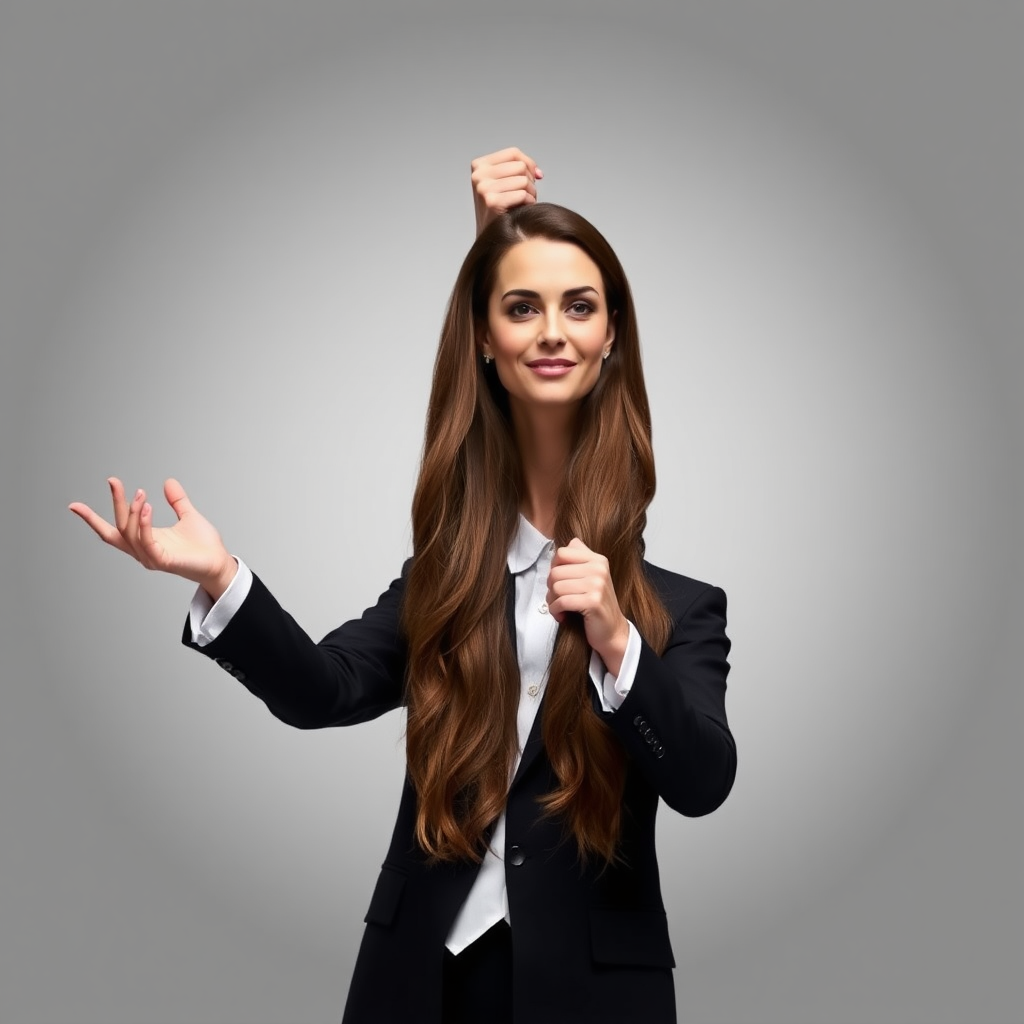 A surreal image of a magician holding up the disembodied head of a very long haired Kate Middleton. He is grabbing her by her long hair and holding up her head high in the air to display it to the camera. Plain gray background.