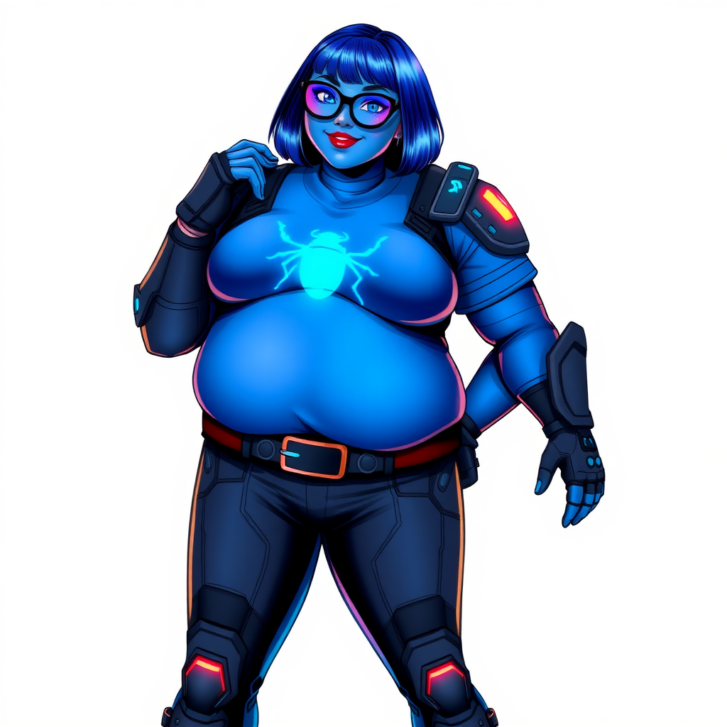 A 28-year-old, full-figured, metallic maximum blue (5PB 5/10) skinned computer program hybrid with a maximum blue bob cut. She has a non-athletic build, highlighted by a prominent, round, large midsection (with emphasis on her round large belly), which shows the effects of her new love of junk food acquired from her boyfriend. As the full-figured, nerdy, digital sidekick to her cyberpunk vigilante boyfriend, her metallic maximum blue skin and maximum blue lipstick (5PB 5/12) emphasize her digital nature. Her skin has a subtle, animated glow, with digital patterns occasionally flickering across it, making her digital nature obvious. She wears a digital, computerized costume, consisting of a massive, tight-fitting, maximum blue t-shirt (5PB 5/12) made out of advanced nanotech with a neon blue glowing chest icon of a beetle, hi-tech shoulder pads with neon blue accents, a black hi-tech belt with a digital neon blue glowing buckle, digital maximum blue biker pants (5PB 5/12) with neon blue accents, and black hi-tech fingerless biker gloves with neon blue glowing accents. Her neon blue glowing eyes, black eyeglasses with neon blue glowing lenses equipped with a built-in HUD, and bashful smile with neon red blush accentuate her nerdiness. She stands bashfully with one hand behind her back and the other hand gently touching her cheek, her costume covering all her skin and emphasizing her full figure (especially her round large belly). She is clearly non-athletic, with a focus on her full-figured physique. Despite her build, she radiates beauty. She has a slim face compared to her physique, accentuating her radiant beauty. She is on a solid white background. She is drawn as if she were in a retro 2D cyberpunk fighting game.