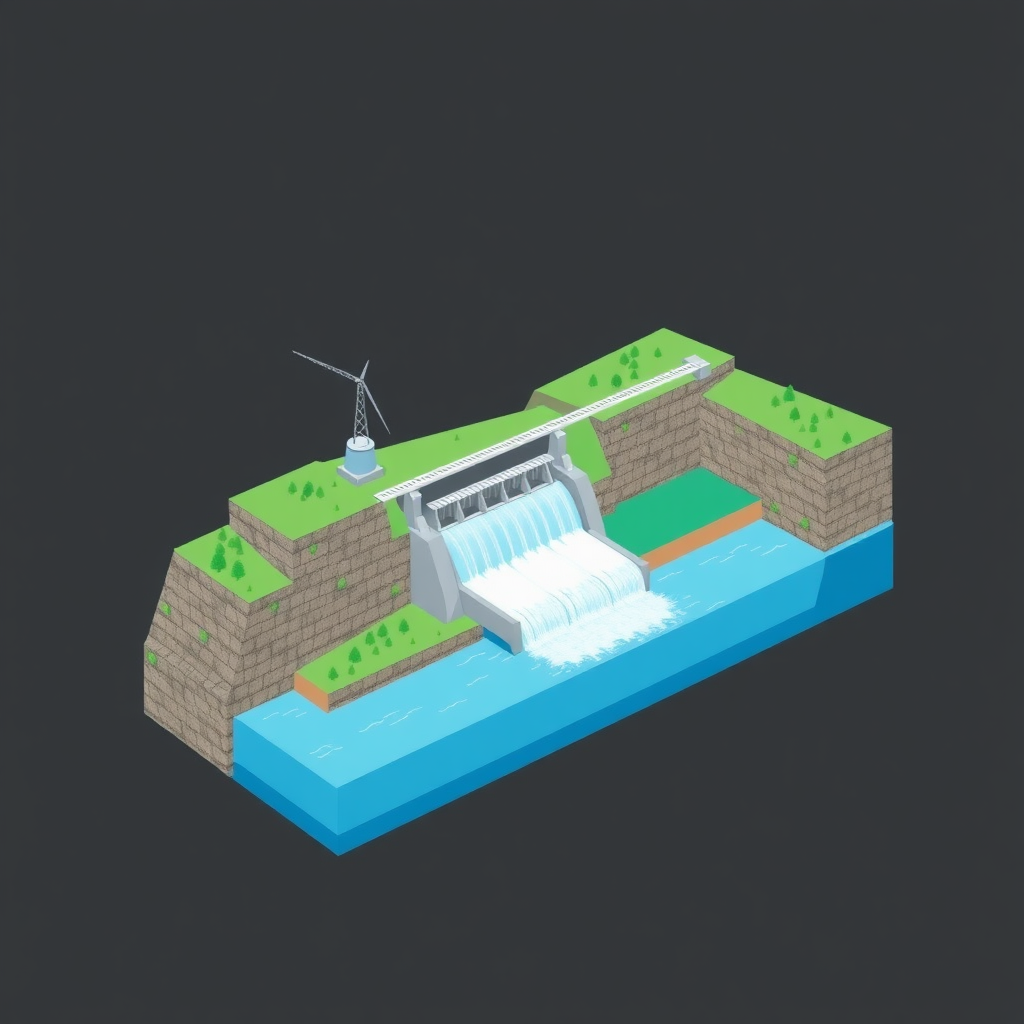 Principle of operation of hydropower stations, 45-degree 3D cross-section diagram.