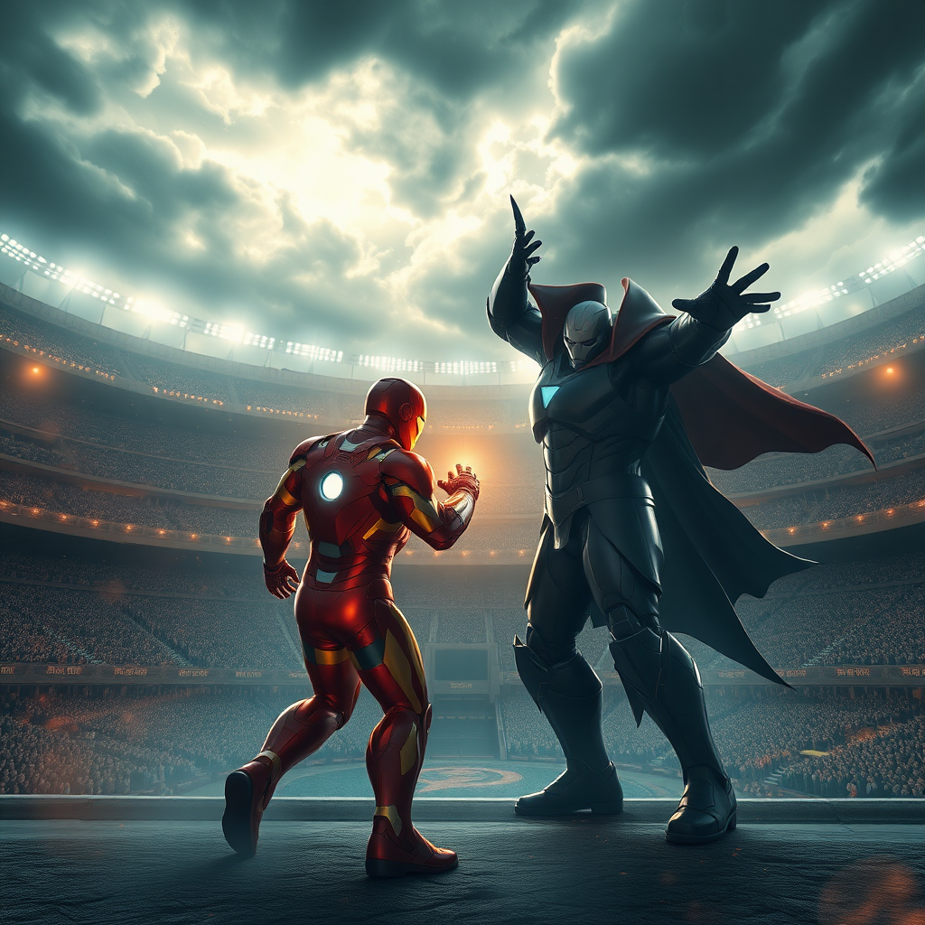 In the center of a vast stadium, Iron Man faces off in a fierce battle with Darkseid. The 3D rendered image is stunningly photorealistic, every detail brought vividly to life. A magical, ethereal glow surrounds the scene, casting intricate dramatic shadows on the combatants beneath a stormy sky. The impeccable quality of the rendering immerses viewers in the epic clash between these legendary figures, creating a truly mesmerizing visual experience.